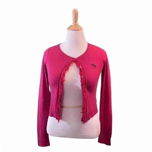Vintage y2k Abercrombie & Fitch Women's Small Cardigan Sweater Pink Fringe - Picture 3 of 6